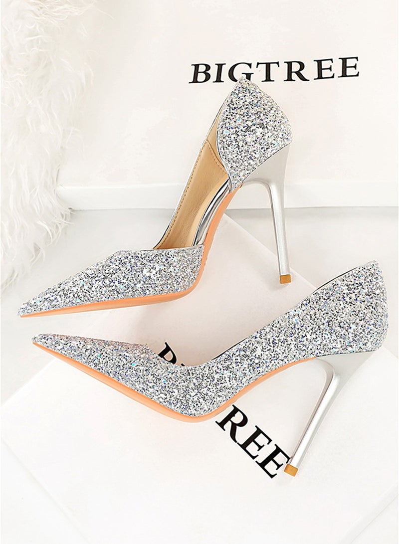 10.5cm European And American Party High-Heeled Stilettos With High-Heeled Shallow-Cut Pointy Side Shimmering Sequins Silver