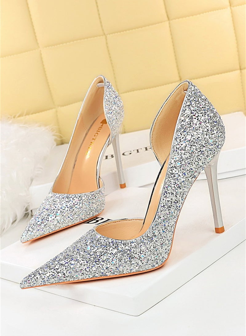 10.5cm European And American Party High-Heeled Stilettos With High-Heeled Shallow-Cut Pointy Side Shimmering Sequins Silver