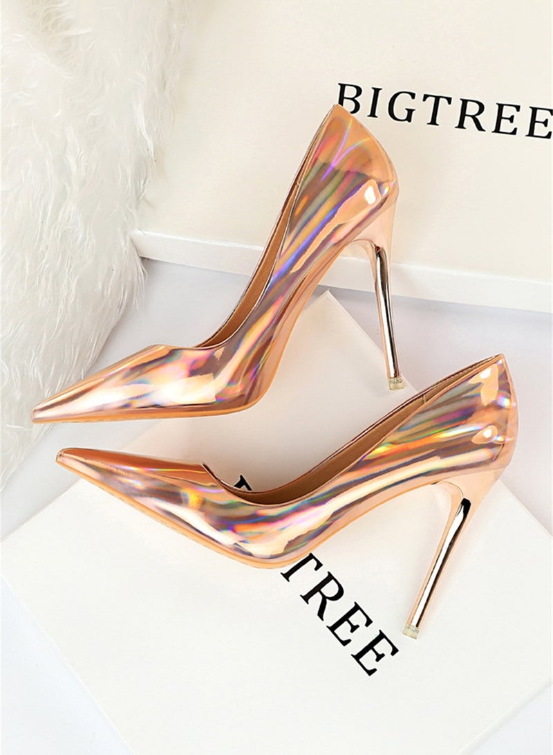 10.5cm Metal Heels High Heels Bright Patent Leather Shallow Cut Pointed Slim Heels Pink