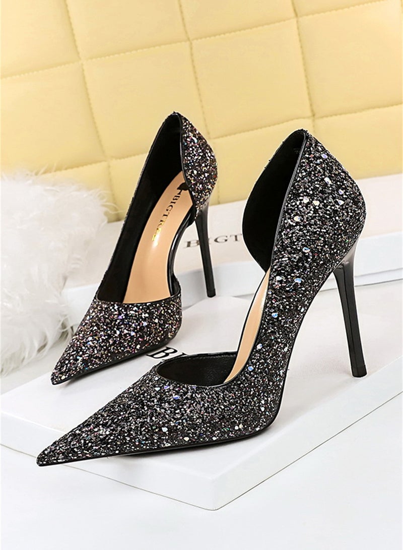 10.5cm European And American Party High-Heeled Stilettos With High-Heeled Shallow-Cut Pointy Side Shimmering Sequins Black