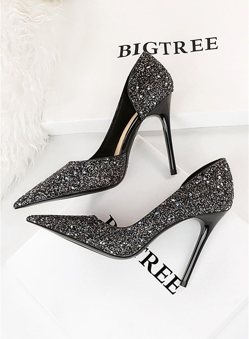 10.5cm European And American Party High-Heeled Stilettos With High-Heeled Shallow-Cut Pointy Side Shimmering Sequins Black