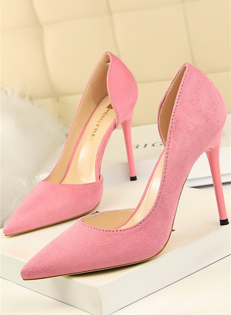 10.5cm Simple Slim Heel Super High Heel Suede Shallow Mouth Pointy Side Hollow Shoes Pink