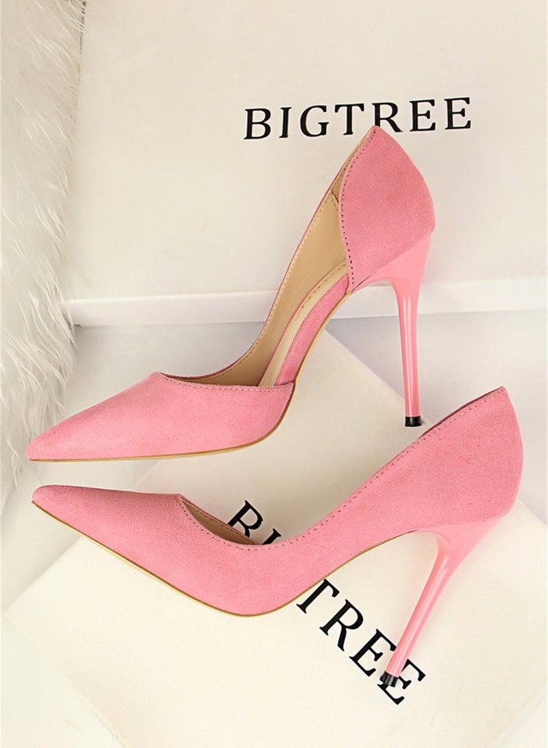 10.5cm Simple Slim Heel Super High Heel Suede Shallow Mouth Pointy Side Hollow Shoes Pink