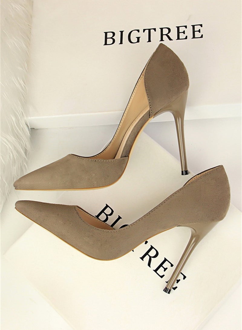 10.5cm Simple Slim Heel Super High Heel Suede Shallow Mouth Pointy Side Hollow Shoes Brown