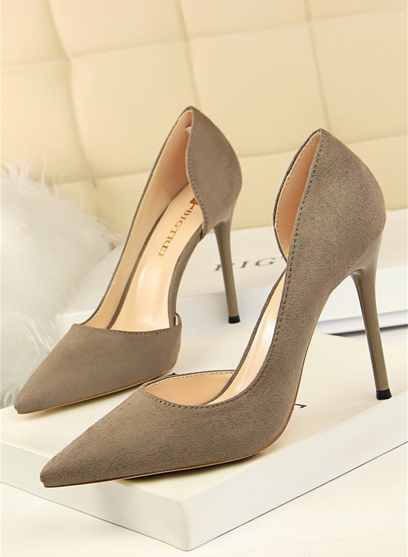 10.5cm Simple Slim Heel Super High Heel Suede Shallow Mouth Pointy Side Hollow Shoes Brown