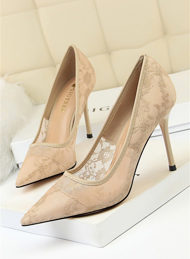 9cm Slimming High-Heeled Pumps With Slim Heels And Shallow Cuts With Pointed Mesh Openwork Lace Pumps Beige