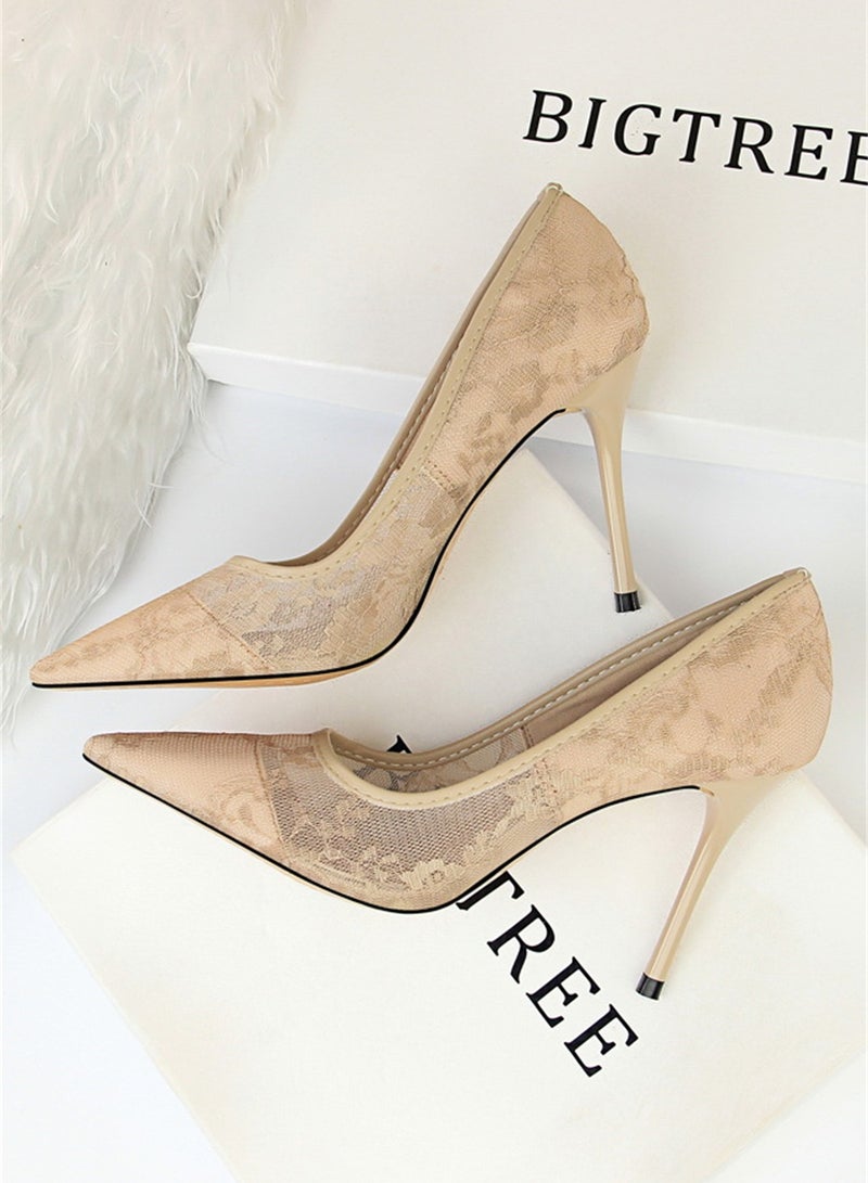 9cm Slimming High-Heeled Pumps With Slim Heels And Shallow Cuts With Pointed Mesh Openwork Lace Pumps Beige