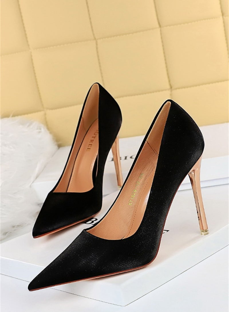 10.5cm European And American Fine Satin Shallow Mouth Pointed High Heels Women's Single Shoes Black