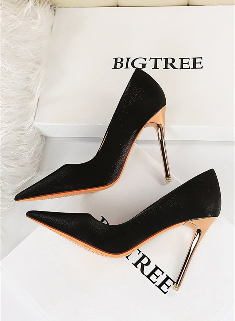 10.5cm European And American Fine Satin Shallow Mouth Pointed High Heels Women's Single Shoes Black