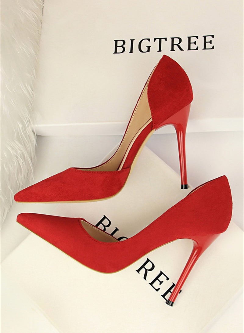 10.5cm Simple Slim Heel Super High Heel Suede Shallow Mouth Pointy Side Hollow Shoes Red