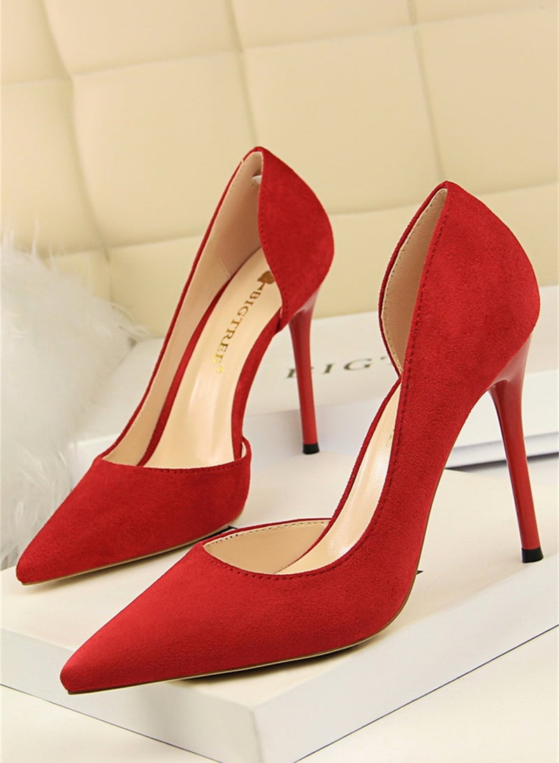 10.5cm Simple Slim Heel Super High Heel Suede Shallow Mouth Pointy Side Hollow Shoes Red