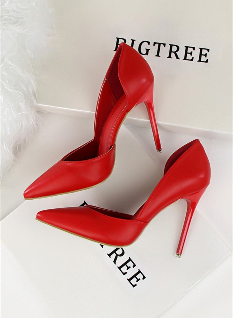10.5cm Fashion Simple Slimming Women's Shoes Slim Heels Super High Shallow Mouth Pointed Hollowed Out Single Shoes Red