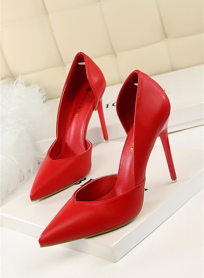 10.5cm Fashion Simple Slimming Women's Shoes Slim Heels Super High Shallow Mouth Pointed Hollowed Out Single Shoes Red