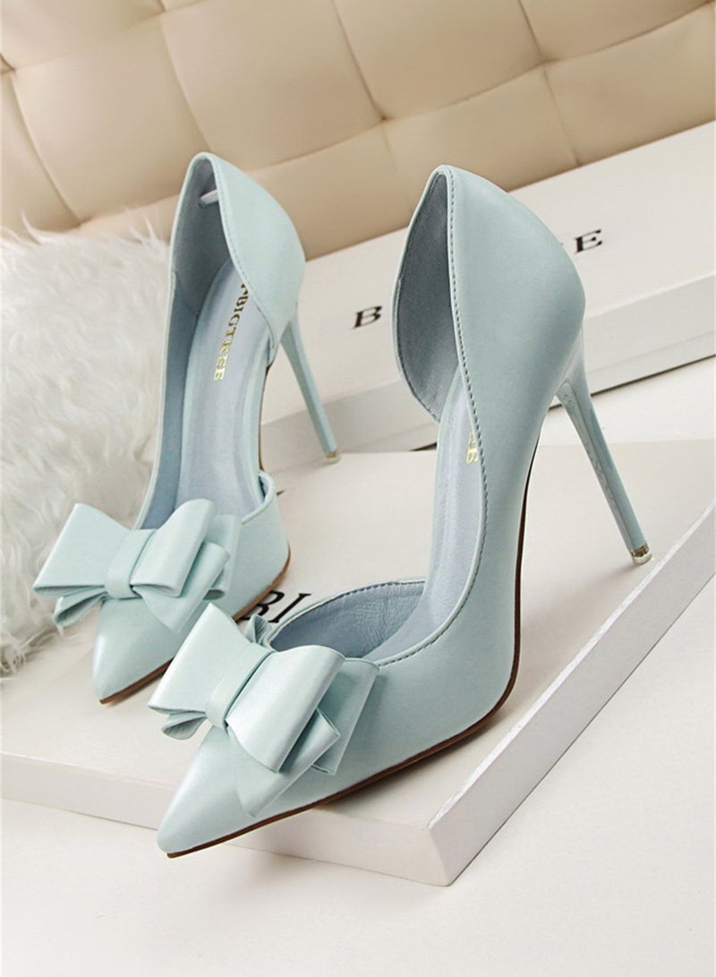 10.5cm Fashion Bow High Heels Shallow Mouth Pointed Side Hollowed Out Single Shoes Blue