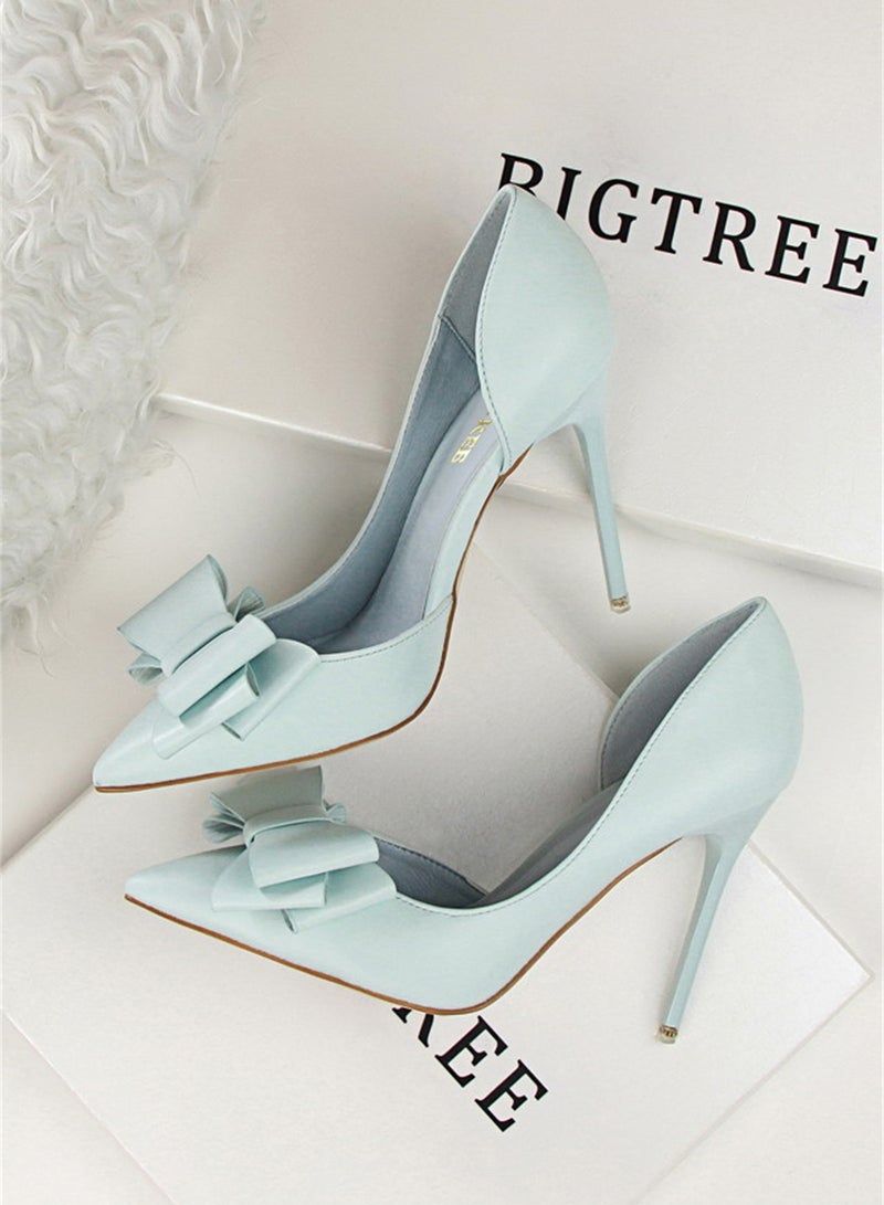 10.5cm Fashion Bow High Heels Shallow Mouth Pointed Side Hollowed Out Single Shoes Blue