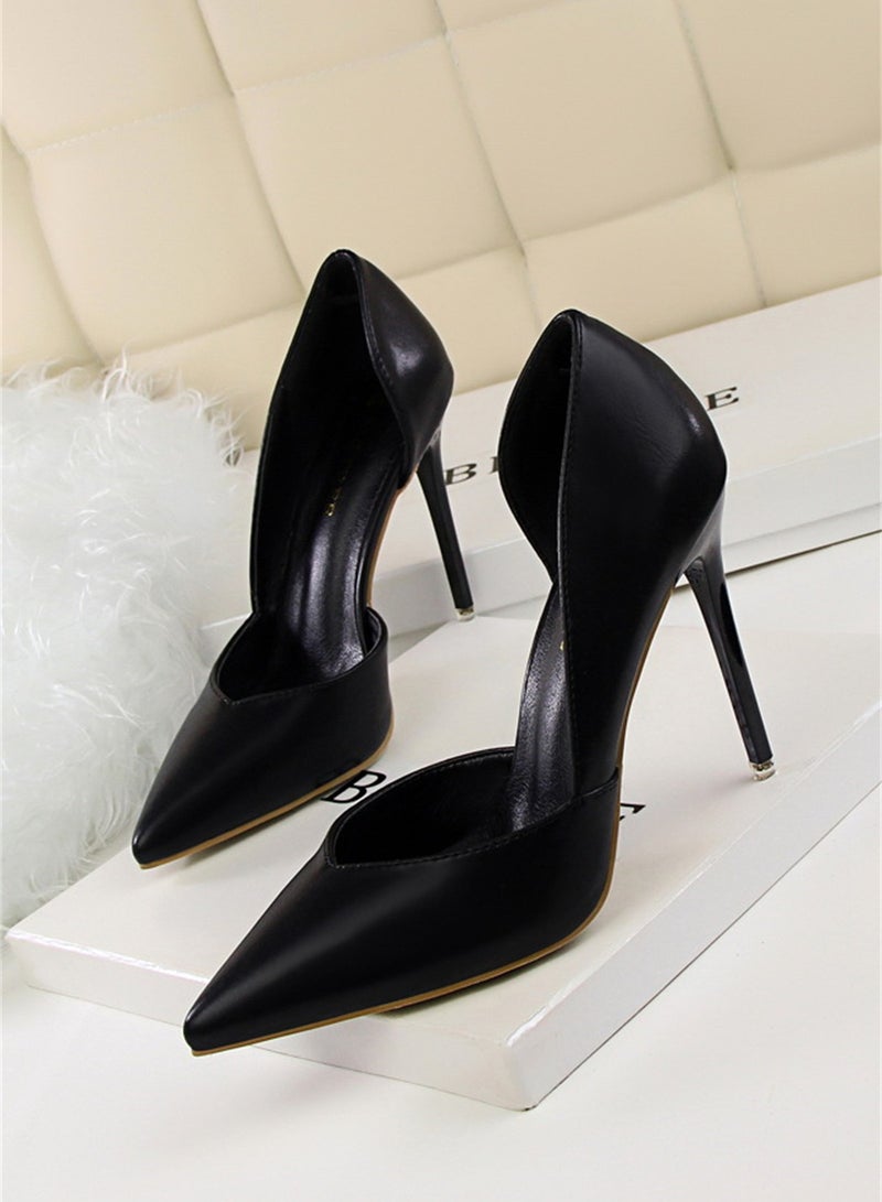 10.5cm Fashion Simple Slimming Women's Shoes Slim Heels Super High Shallow Mouth Pointed Hollowed Out Single Shoes Black