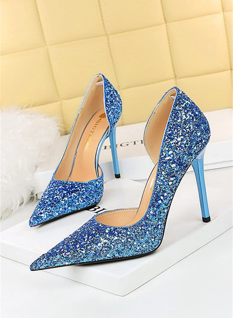 10.5cm European And American Party High-Heeled Stilettos With High-Heeled Shallow-Cut Pointy Side Shimmering Sequins Blue