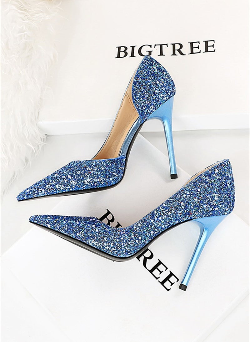 10.5cm European And American Party High-Heeled Stilettos With High-Heeled Shallow-Cut Pointy Side Shimmering Sequins Blue