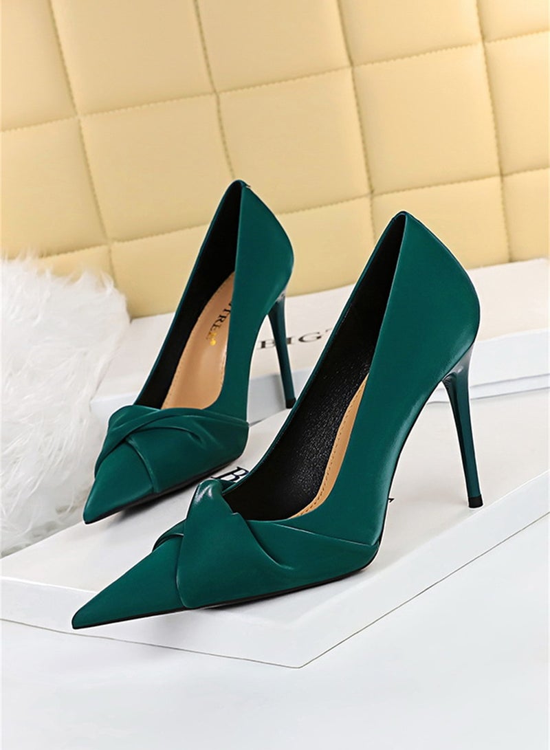 10cm Elegant Party Heels Slim Pedicure Thin Mouth Pointy Bow Woman Green