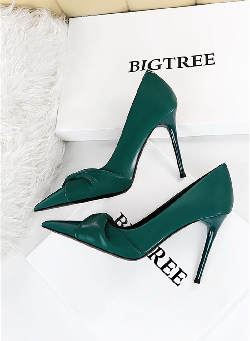 10cm Elegant Party Heels Slim Pedicure Thin Mouth Pointy Bow Woman Green