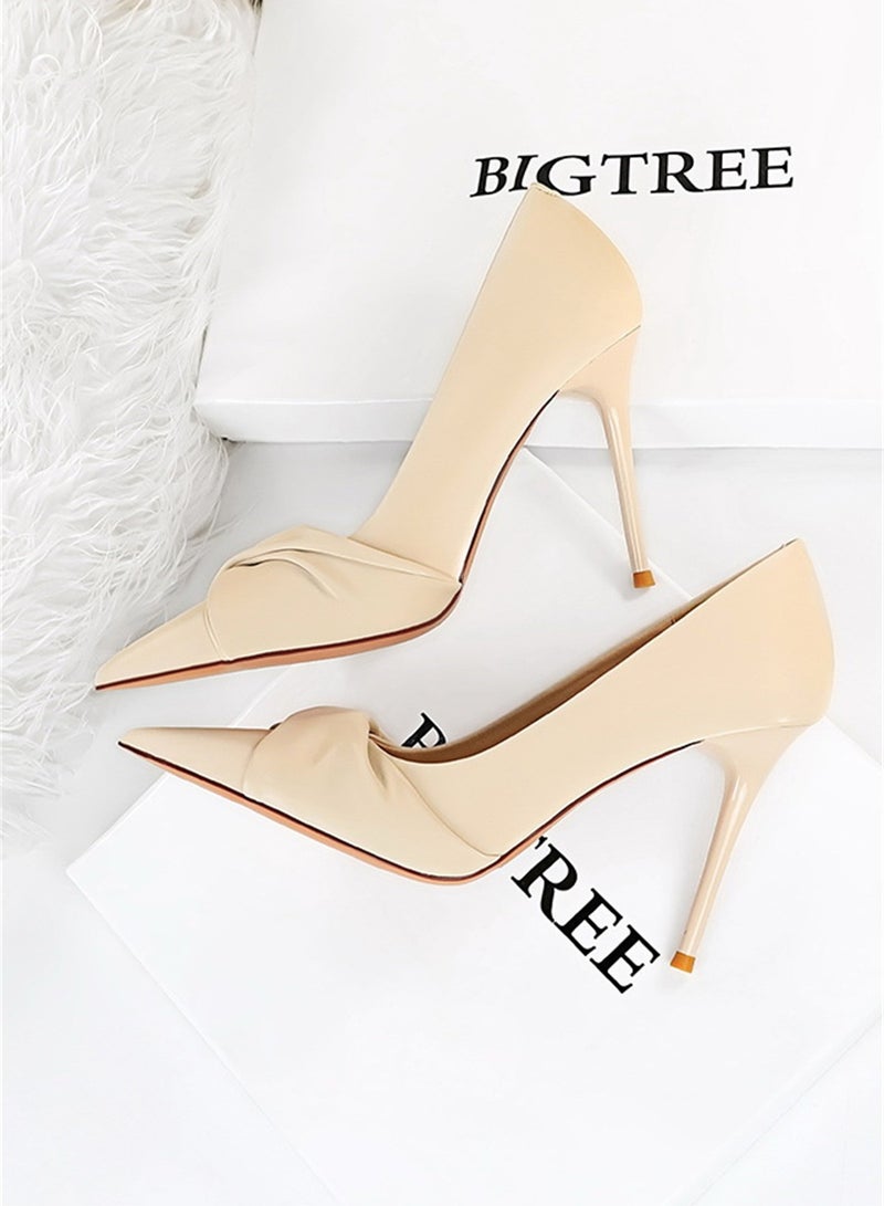 10cm Elegant Party Heels Slim Pedicure Thin Mouth Pointy Bow Woman Beige