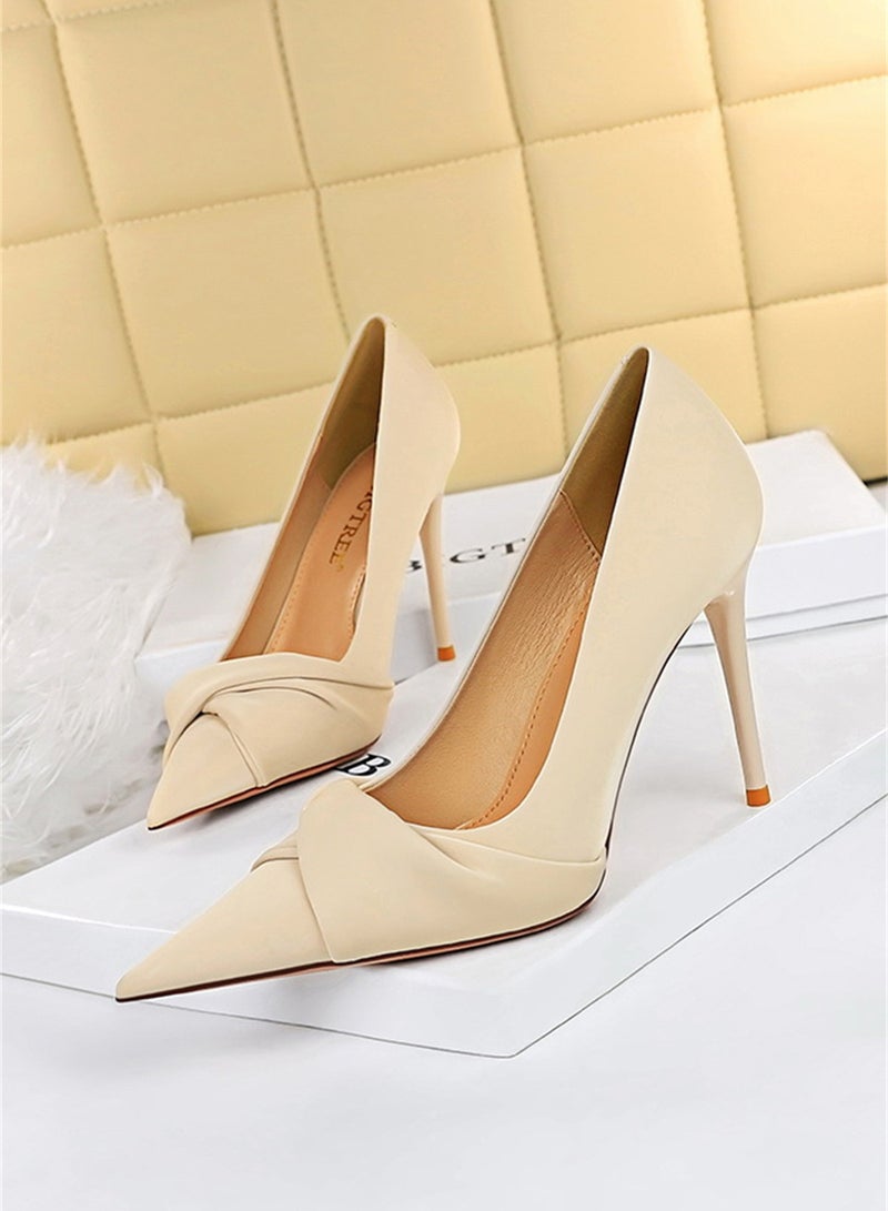 10cm Elegant Party Heels Slim Pedicure Thin Mouth Pointy Bow Woman Beige