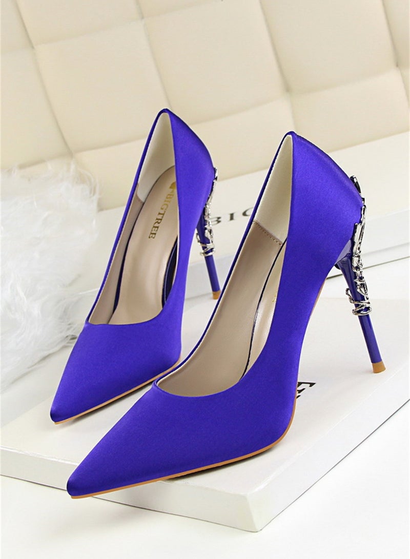 10cm Stylish Metal Pumps With Slim Heels High heels Shallow-Cut Pointed Satin Pumps Purple