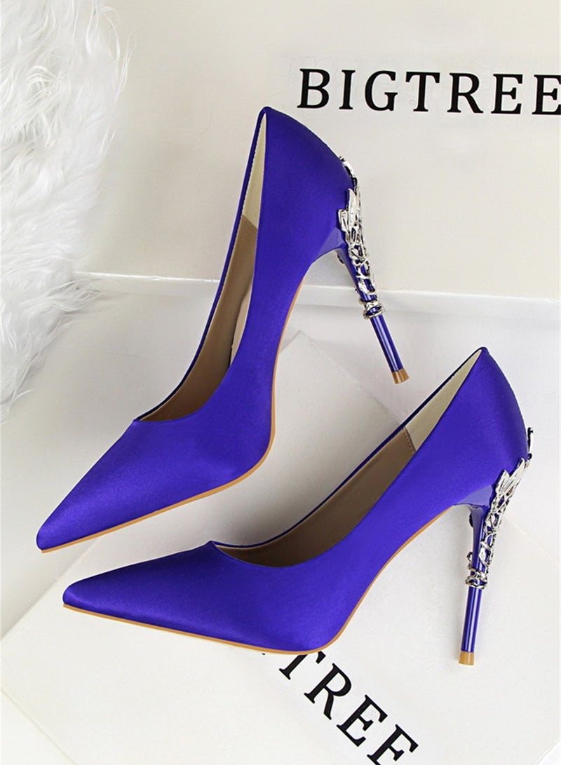 10cm Stylish Metal Pumps With Slim Heels High heels Shallow-Cut Pointed Satin Pumps Purple