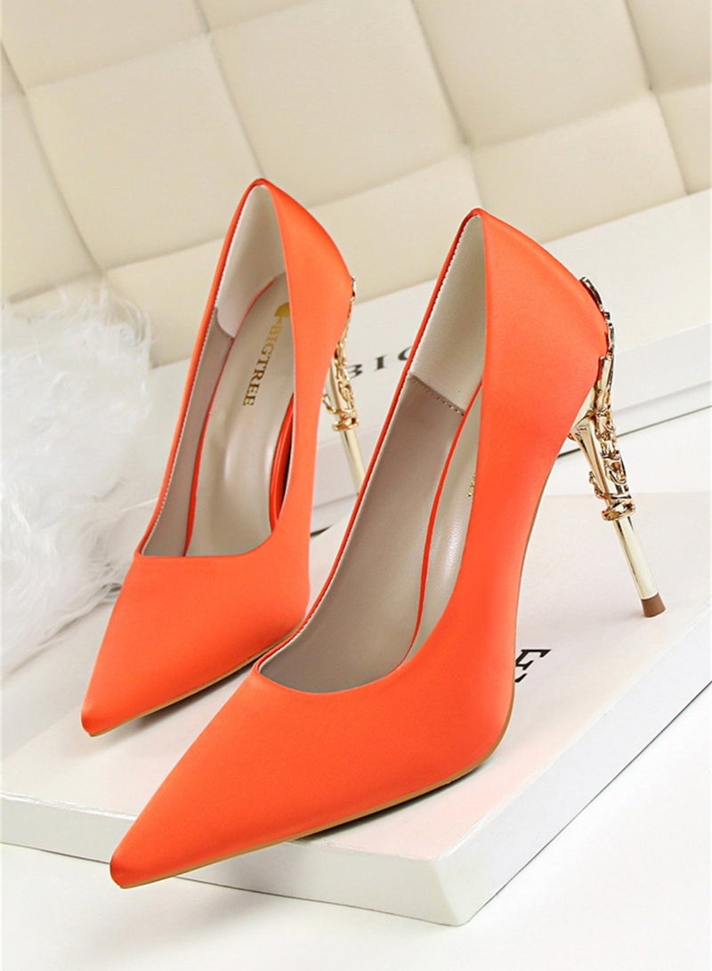 10cm Stylish Metal Pumps With Slim Heels High heels Shallow-Cut Pointed Satin Pumps Orange