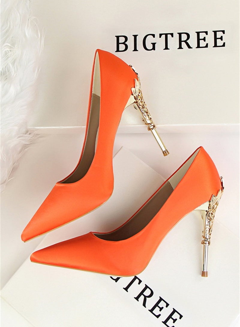 10cm Stylish Metal Pumps With Slim Heels High heels Shallow-Cut Pointed Satin Pumps Orange