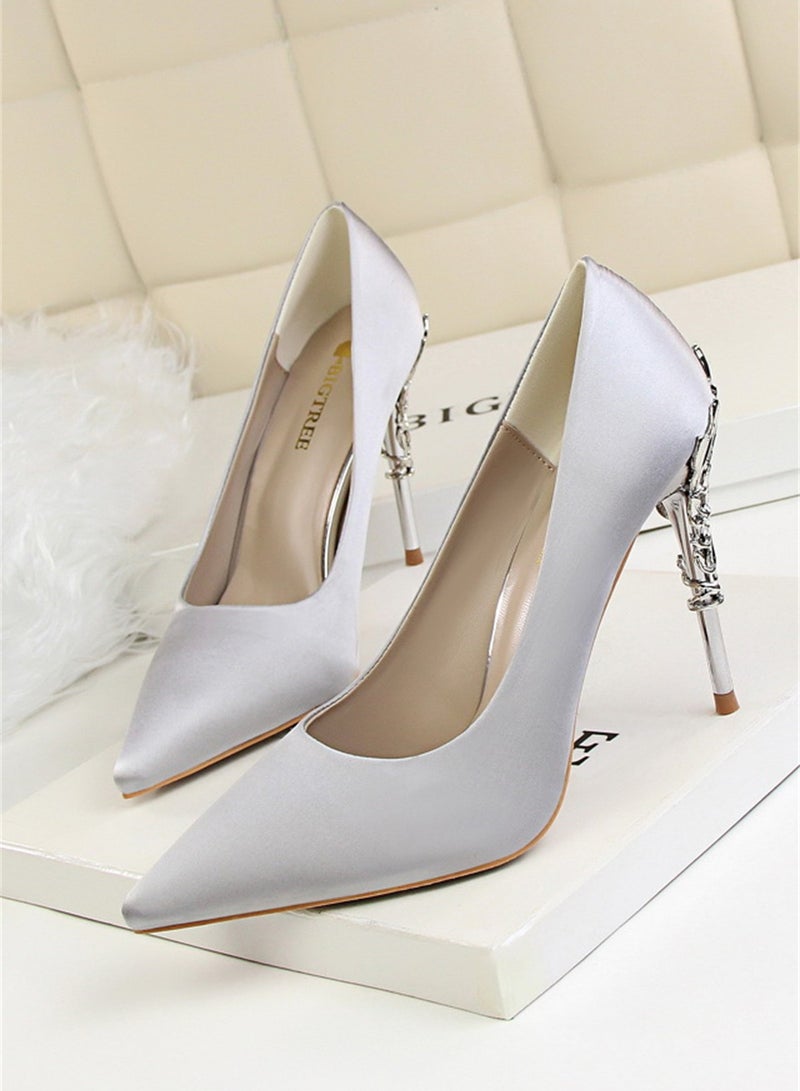 10cm Stylish Metal Pumps With Slim Heels High heels Shallow-Cut Pointed Satin Pumps Silver