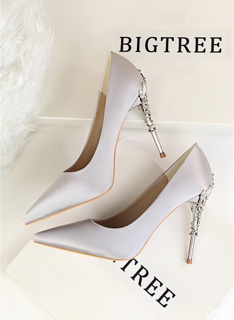 10cm Stylish Metal Pumps With Slim Heels High heels Shallow-Cut Pointed Satin Pumps Silver