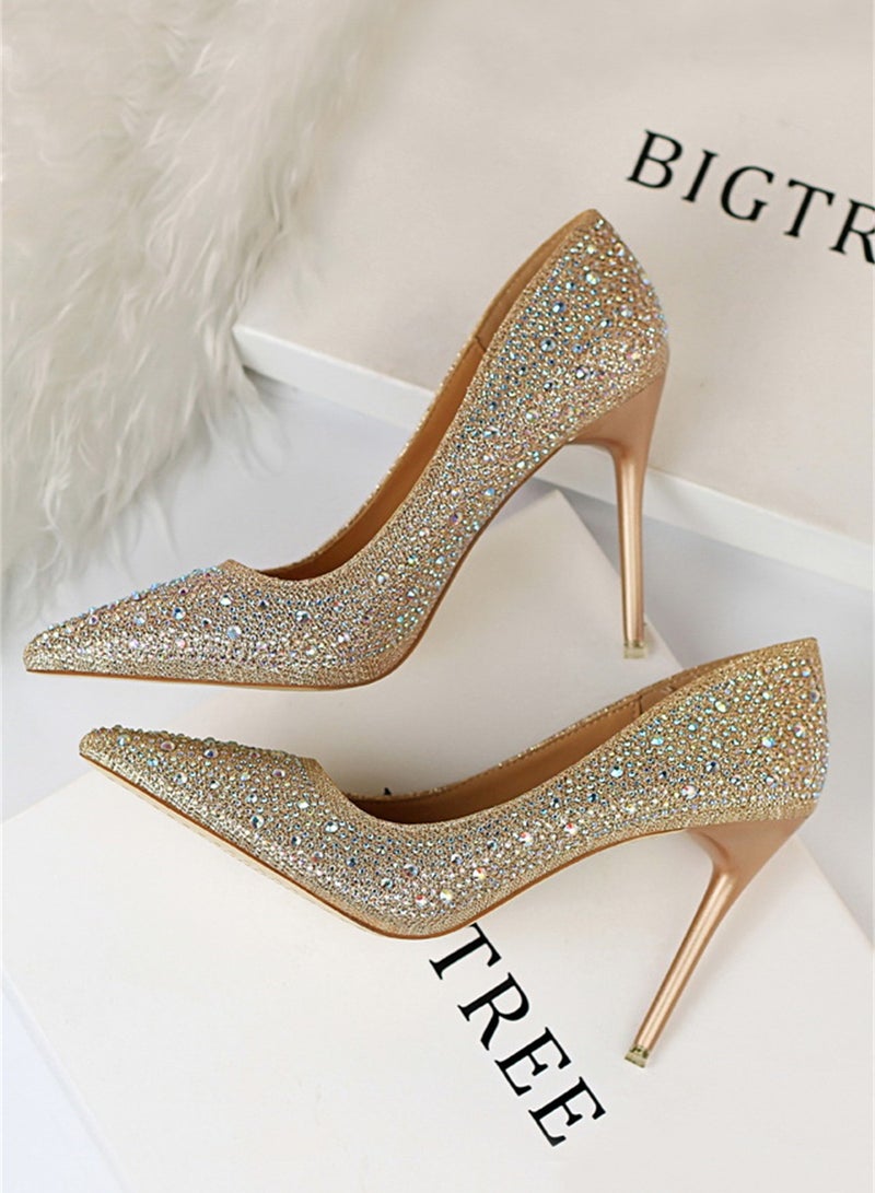 10cm Fashion Party Women's Shoes Slim Heel Shallow Mouth Pointed Thin Rhinestone Color Diamond High Heel Shoes Brown