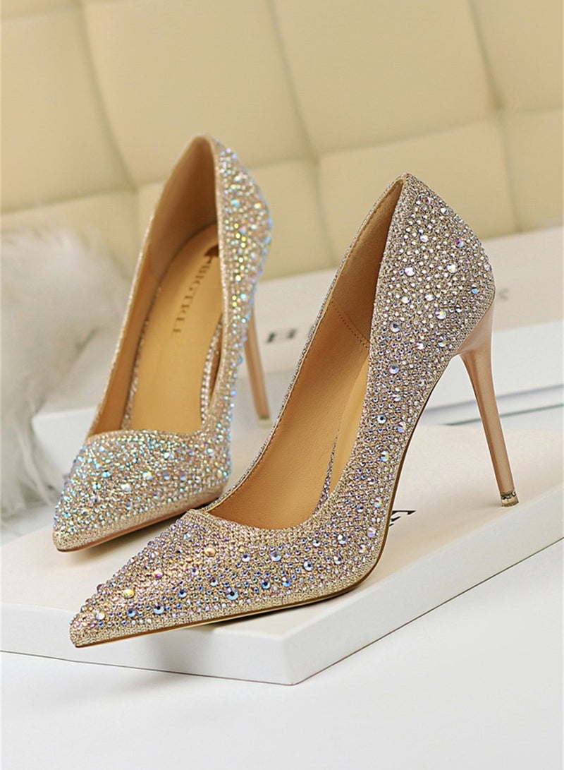 10cm Fashion Party Women's Shoes Slim Heel Shallow Mouth Pointed Thin Rhinestone Color Diamond High Heel Shoes Brown