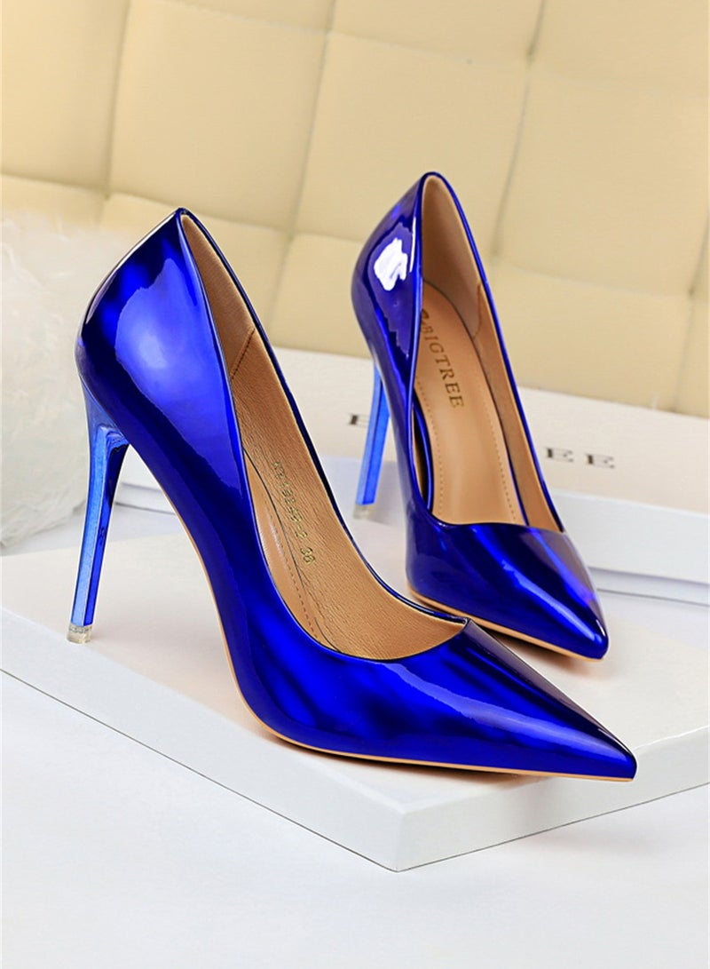 10.5cm Metal Heels High Heels Bright Patent Leather Shallow Cut Pointed Slim Heels Blue