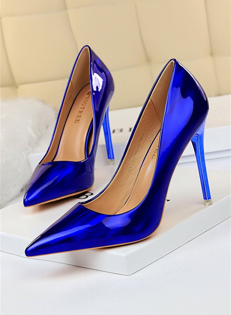 10.5cm Metal Heels High Heels Bright Patent Leather Shallow Cut Pointed Slim Heels Blue