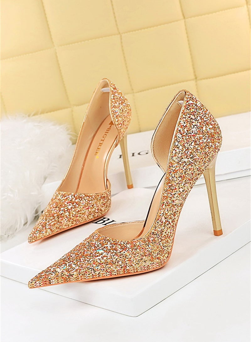 10.5cm European And American Party High-Heeled Stilettos With High-Heeled Shallow-Cut Pointy Side Shimmering Sequins Gold