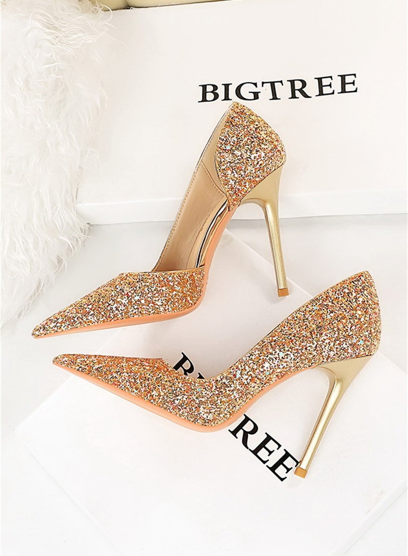 10.5cm European And American Party High-Heeled Stilettos With High-Heeled Shallow-Cut Pointy Side Shimmering Sequins Gold