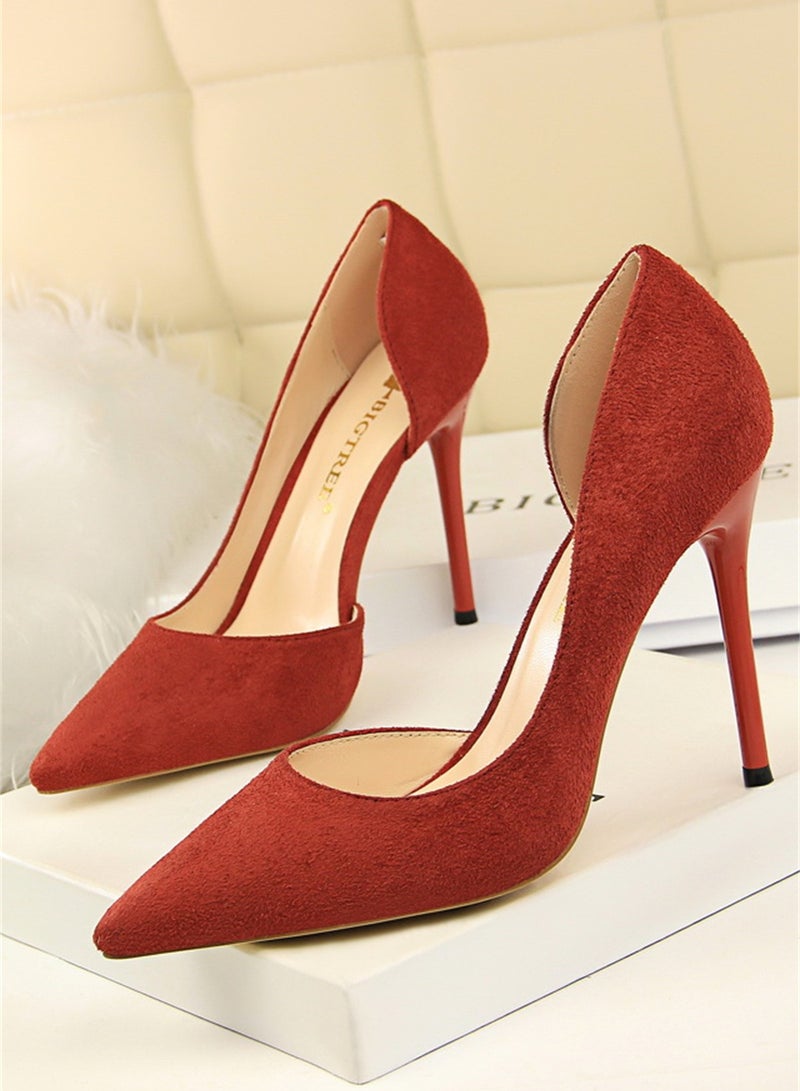 10.5cm Simple Slim Heel Super High Heel Suede Shallow Mouth Pointy Side Hollow Shoes Nave Red