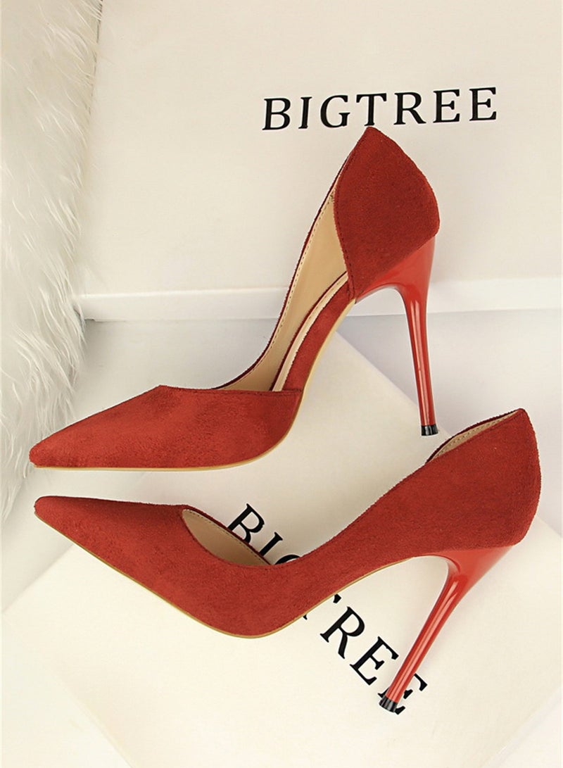 10.5cm Simple Slim Heel Super High Heel Suede Shallow Mouth Pointy Side Hollow Shoes Nave Red