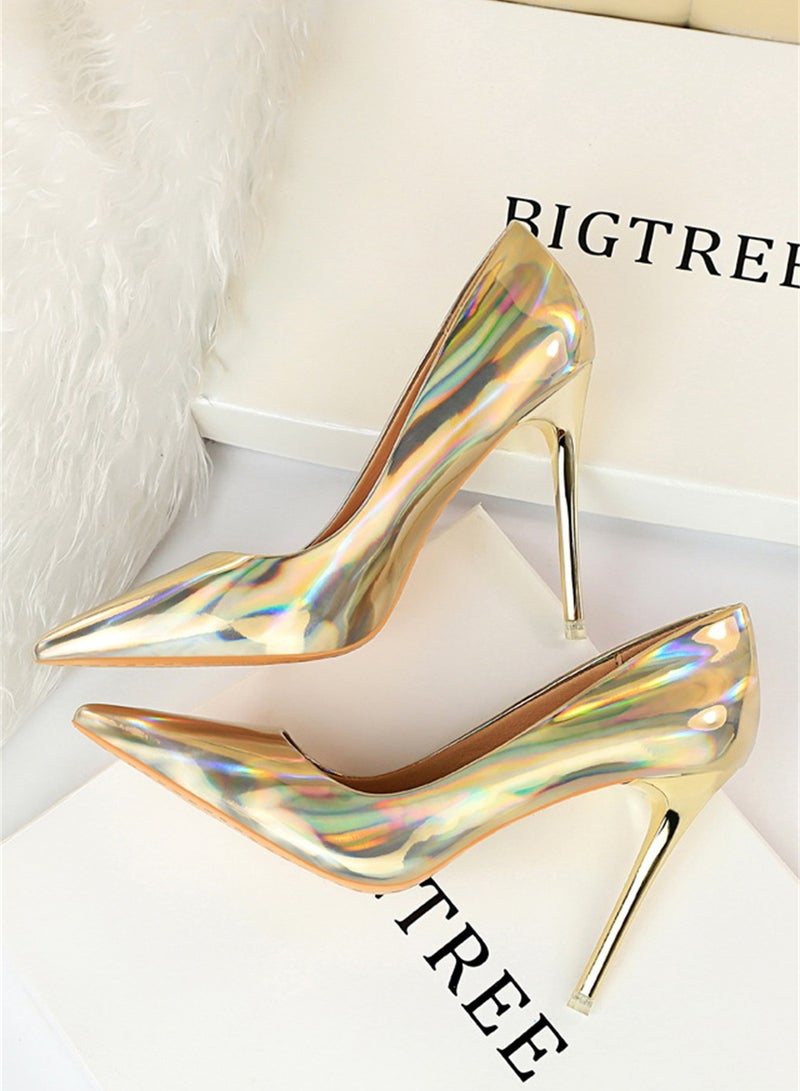 10.5cm Metal Heels High Heels Bright Patent Leather Shallow Cut Pointed Slim Heels Gold