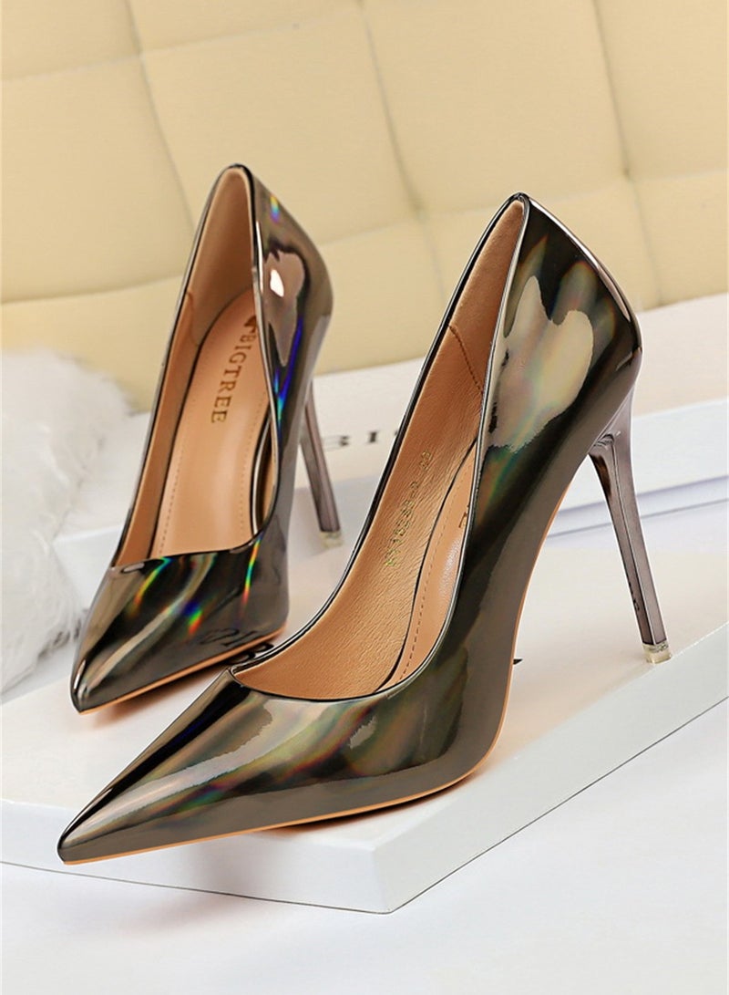 10.5cm Metal Heels High Heels Bright Patent Leather Shallow Cut Pointed Slim Heels Borwn