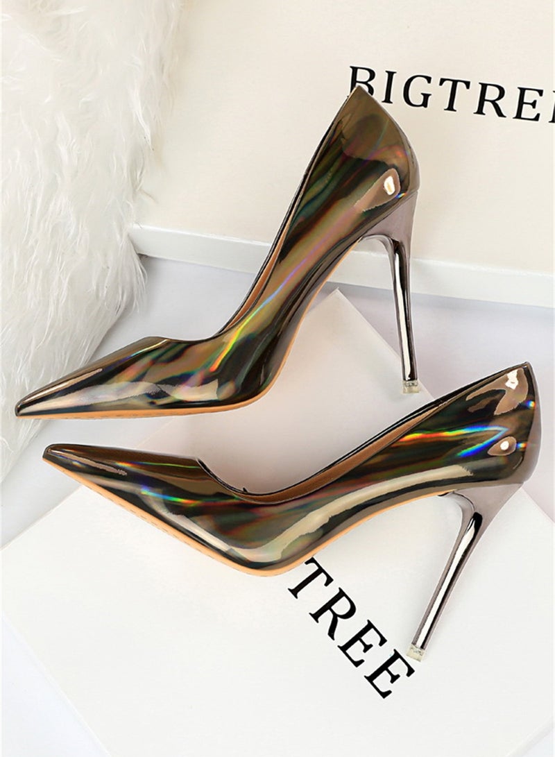 10.5cm Metal Heels High Heels Bright Patent Leather Shallow Cut Pointed Slim Heels Borwn