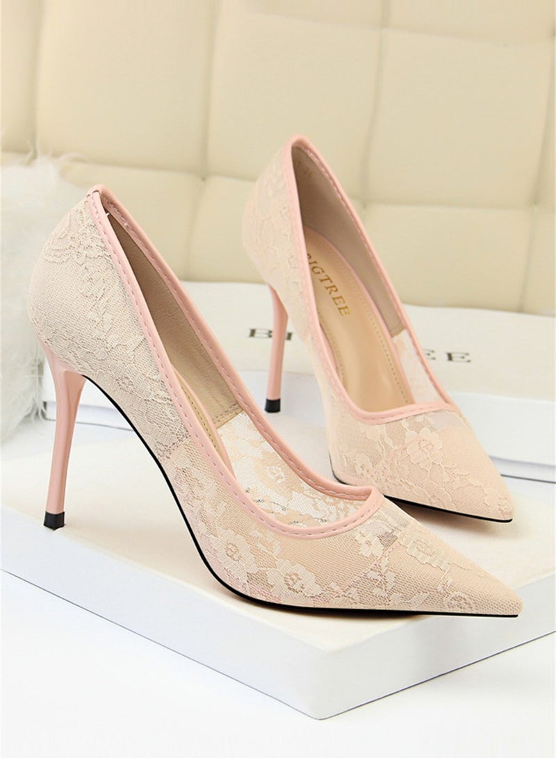 9cm Slimming High-Heeled Pumps With Slim Heels And Shallow Cuts With Pointed Mesh Openwork Lace Pumps A Pink