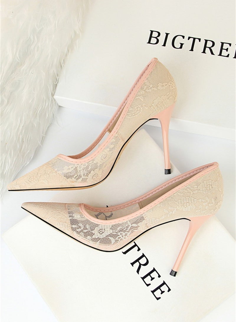 9cm Slimming High-Heeled Pumps With Slim Heels And Shallow Cuts With Pointed Mesh Openwork Lace Pumps A Pink