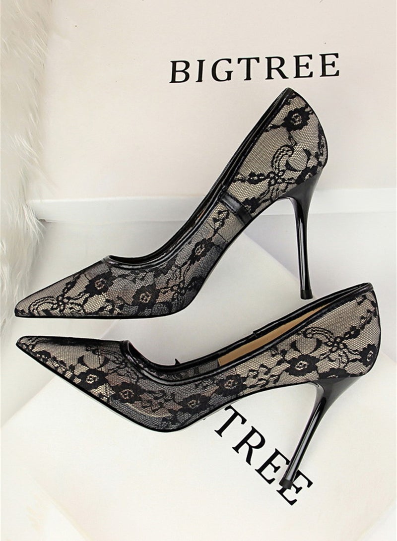 9cm Slimming High-Heeled Pumps With Slim Heels And Shallow Cuts With Pointed Mesh Openwork Lace Pumps Black