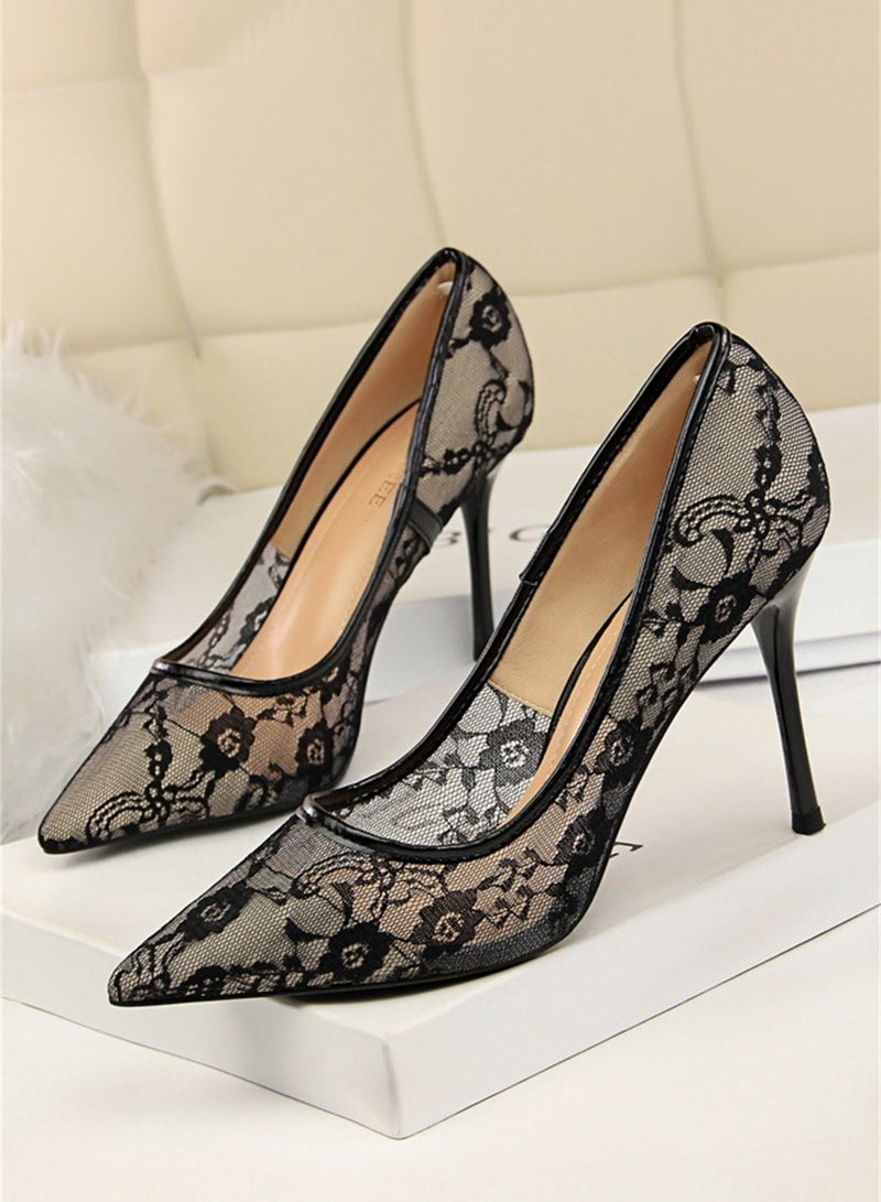 9cm Slimming High-Heeled Pumps With Slim Heels And Shallow Cuts With Pointed Mesh Openwork Lace Pumps Black