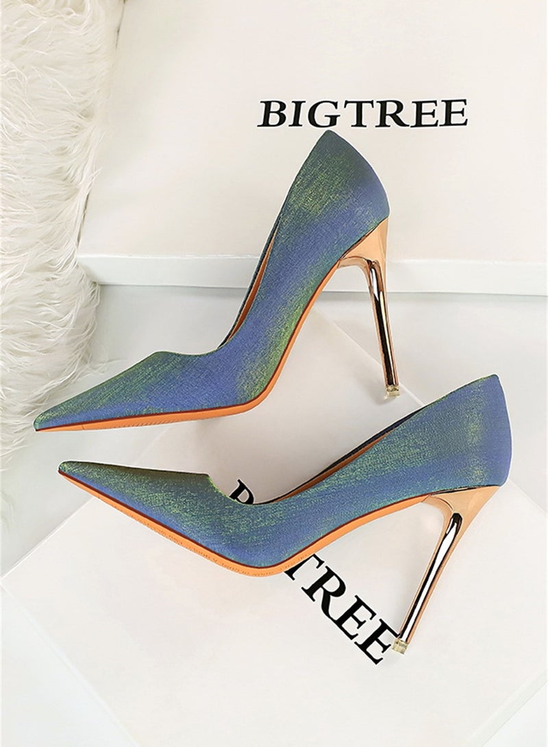 10.5cm European And American Fine Satin Shallow Mouth Pointed High Heels Women's Single Shoes Blue