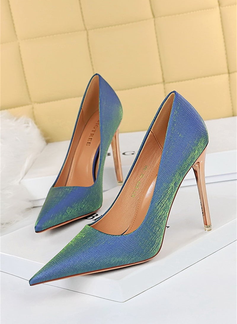 10.5cm European And American Fine Satin Shallow Mouth Pointed High Heels Women's Single Shoes Blue