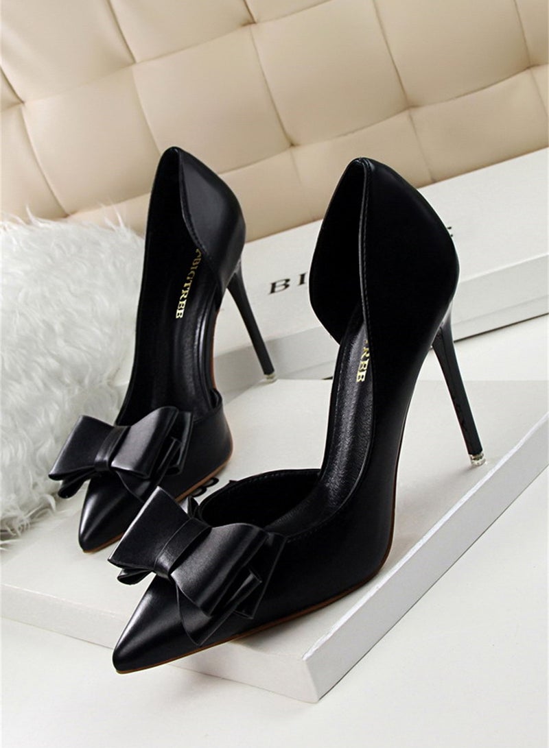 10.5cm Fashion Bow High Heels Shallow Mouth Pointed Side Hollowed Out Single Shoes Black